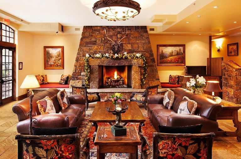Main lobby with stone fireplace
