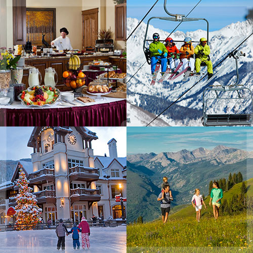 Collage of kitchen, ski lift, ice skating rink, and family in the mountains in spring